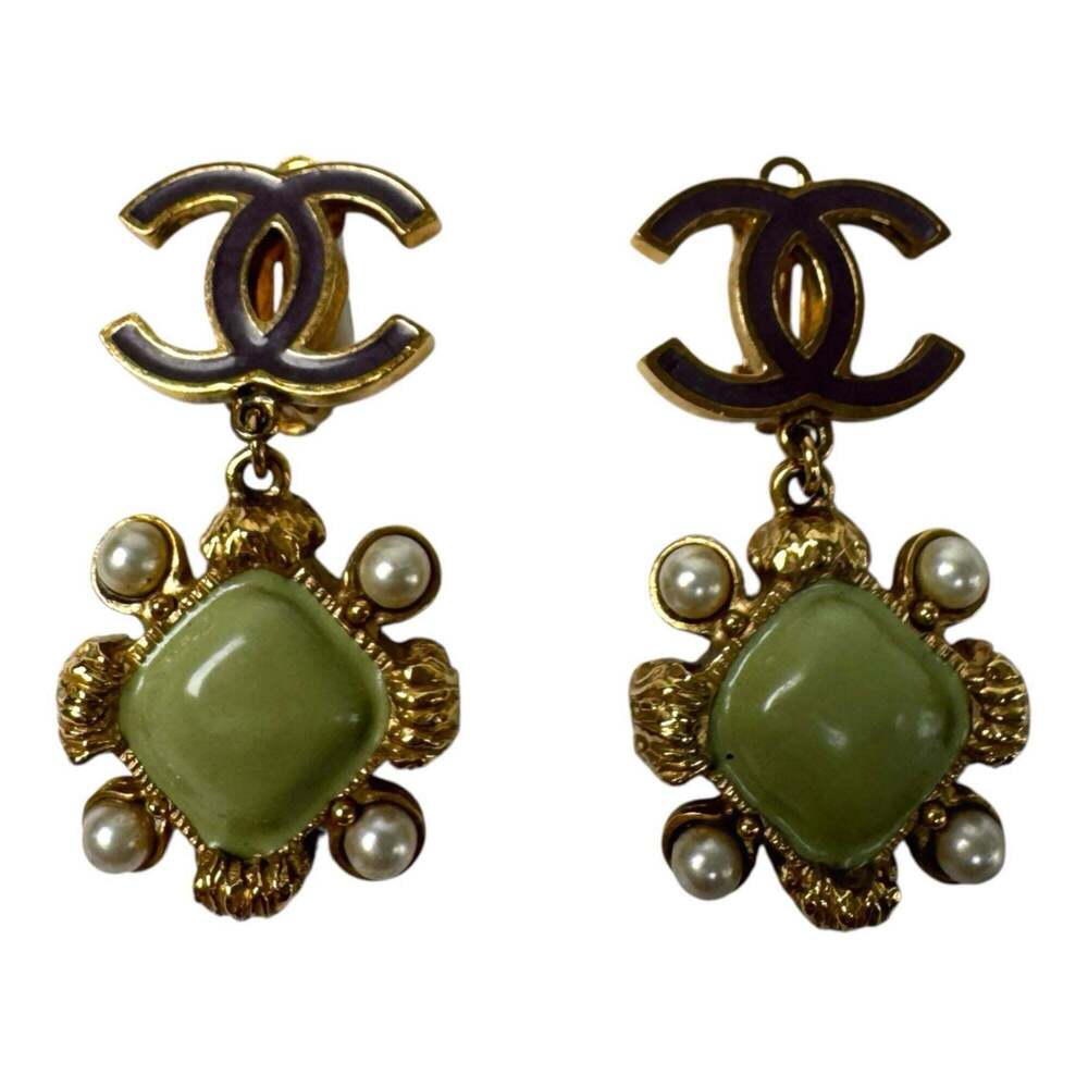 CHANEL Gray Pearl Logo Earrings